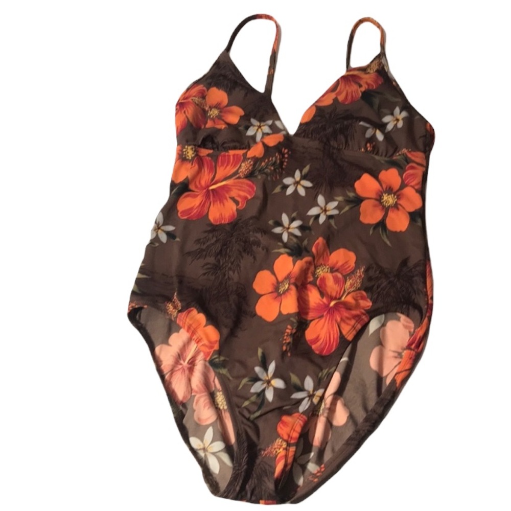 Beach Native Brown & Orange Floral Swimsuit Sz 12